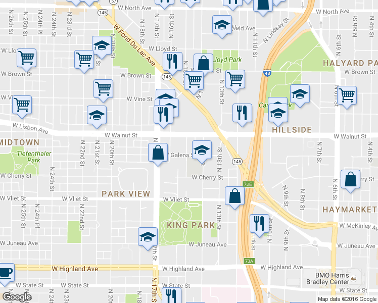 map of restaurants, bars, coffee shops, grocery stores, and more near 1606 North 15th Street in Milwaukee