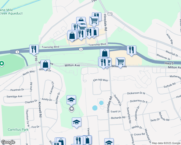 map of restaurants, bars, coffee shops, grocery stores, and more near 1050 Eagle Lane in Camillus