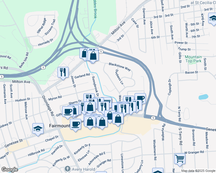 map of restaurants, bars, coffee shops, grocery stores, and more near 104 Olin Drive in Syracuse