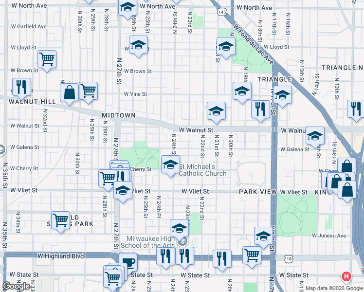 map of restaurants, bars, coffee shops, grocery stores, and more near 2316 West Galena Street in Milwaukee