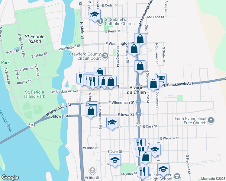 map of restaurants, bars, coffee shops, grocery stores, and more near 214 East Blackhawk Avenue in Prairie du Chien