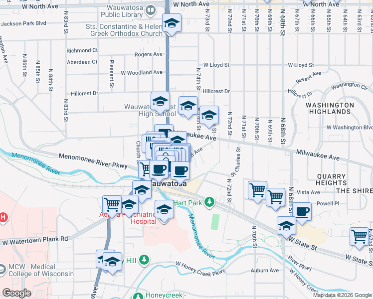 map of restaurants, bars, coffee shops, grocery stores, and more near 7517 Lincoln Place in Wauwatosa