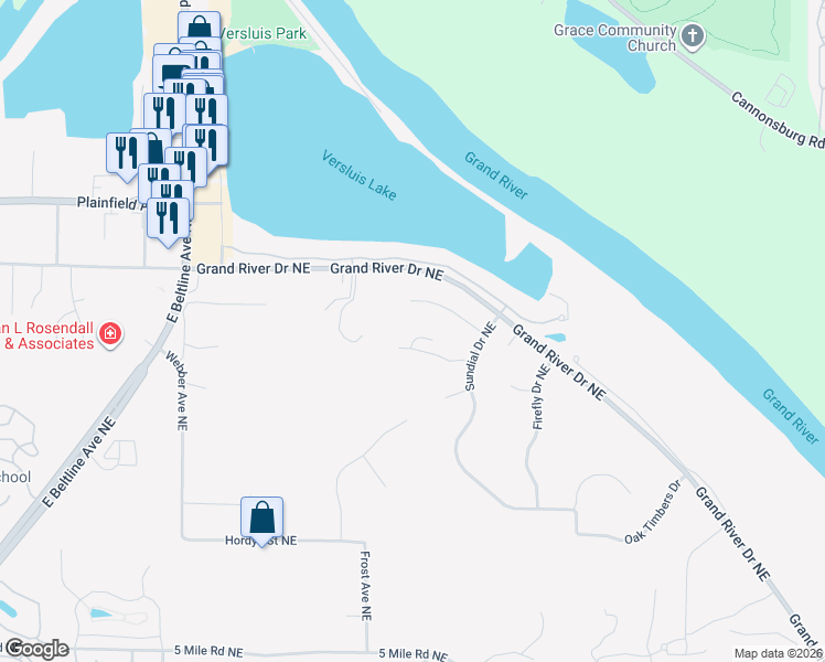 map of restaurants, bars, coffee shops, grocery stores, and more near 4003 Butterfly Court in Grand Rapids