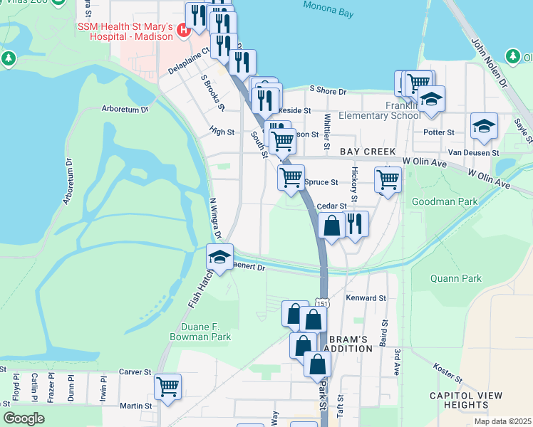 map of restaurants, bars, coffee shops, grocery stores, and more near 1331 South Street in Madison