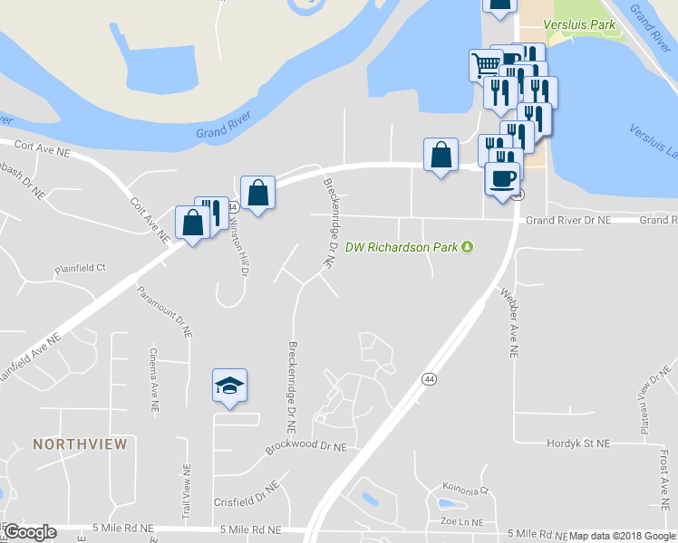 map of restaurants, bars, coffee shops, grocery stores, and more near 4900 Breckenridge Drive Northeast in Grand Rapids