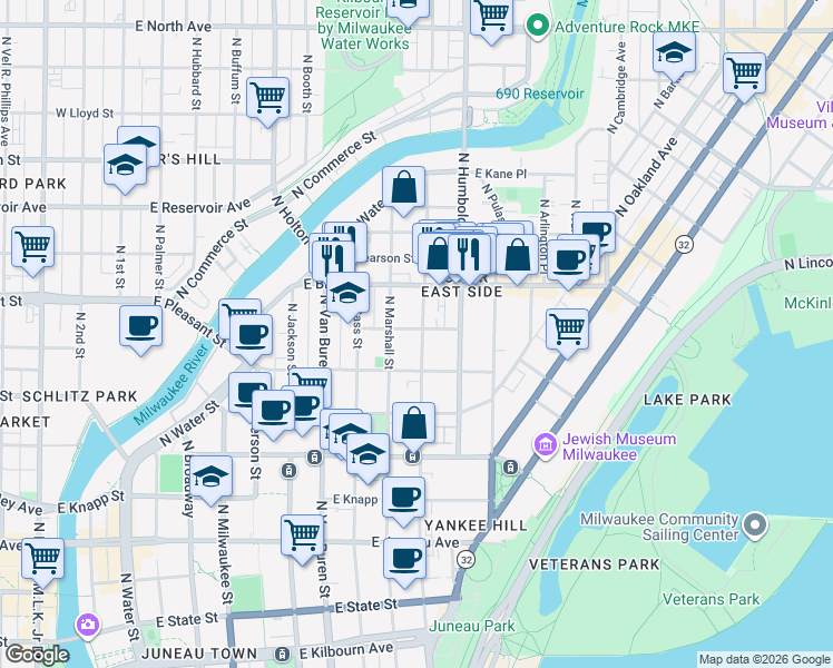 map of restaurants, bars, coffee shops, grocery stores, and more near 1641 North Astor Street in Milwaukee