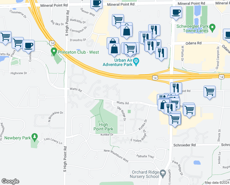 map of restaurants, bars, coffee shops, grocery stores, and more near 7345 Timber Lake Trail in Madison