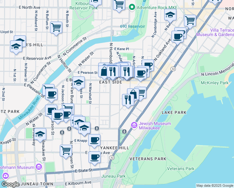map of restaurants, bars, coffee shops, grocery stores, and more near 1637 North Franklin Place in Milwaukee