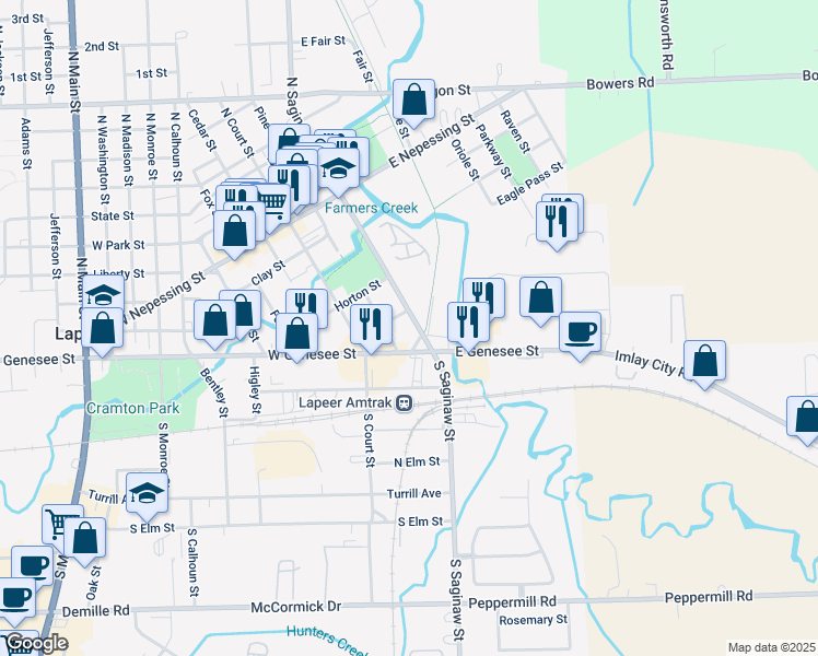 map of restaurants, bars, coffee shops, grocery stores, and more near 61 North Saginaw Street in Lapeer