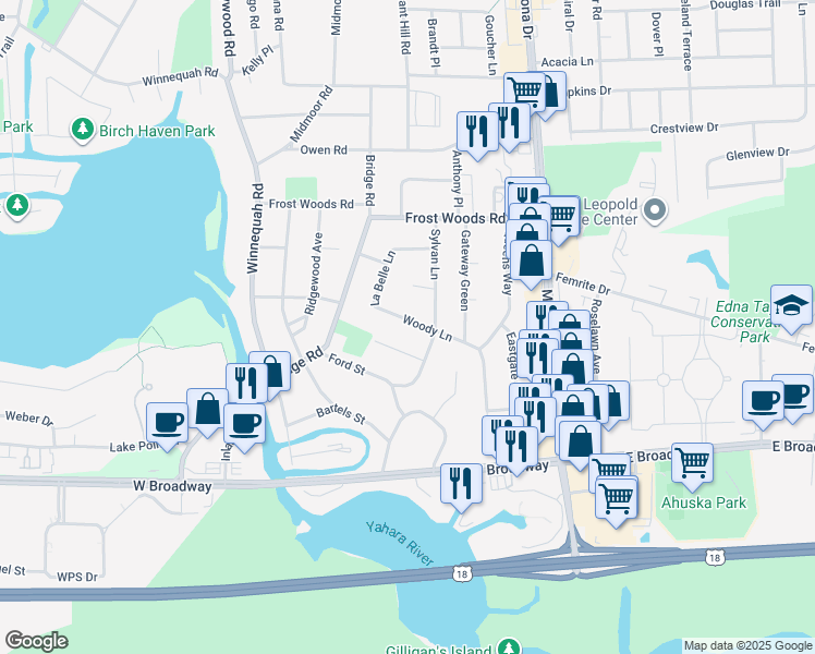 map of restaurants, bars, coffee shops, grocery stores, and more near 406 Woody Lane in Monona
