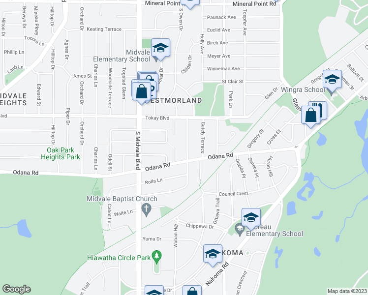 map of restaurants, bars, coffee shops, grocery stores, and more near 634 Anthony Lane in Madison