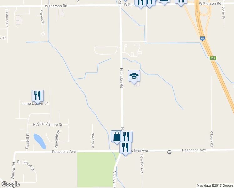 map of restaurants, bars, coffee shops, grocery stores, and more near 3203 North Linden Road in Flint