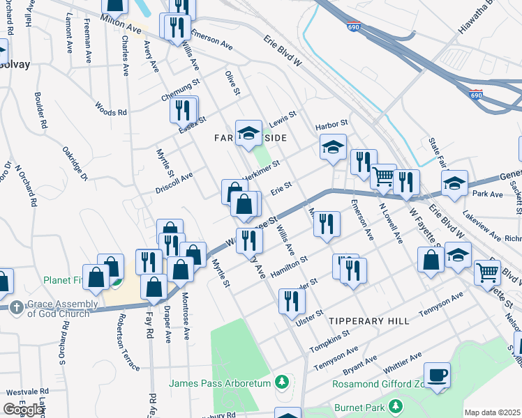 map of restaurants, bars, coffee shops, grocery stores, and more near 307 Erie Street in Syracuse