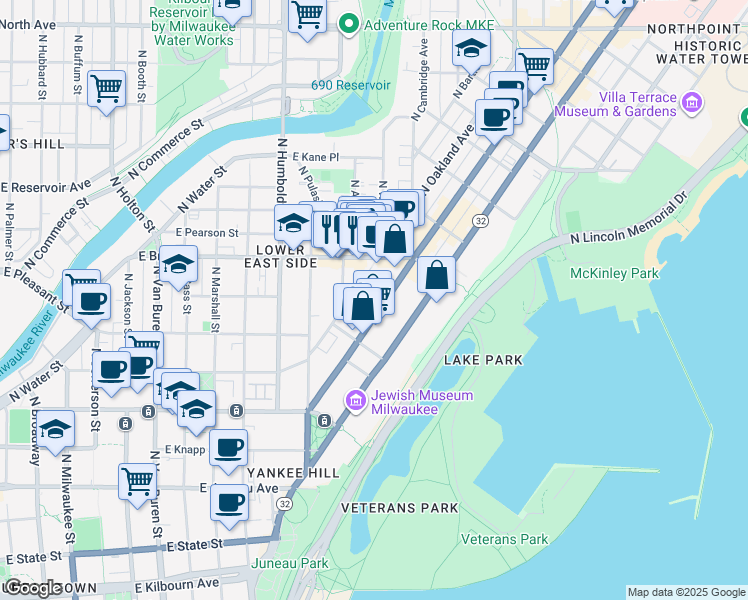 map of restaurants, bars, coffee shops, grocery stores, and more near 1601 North Farwell Avenue in Milwaukee