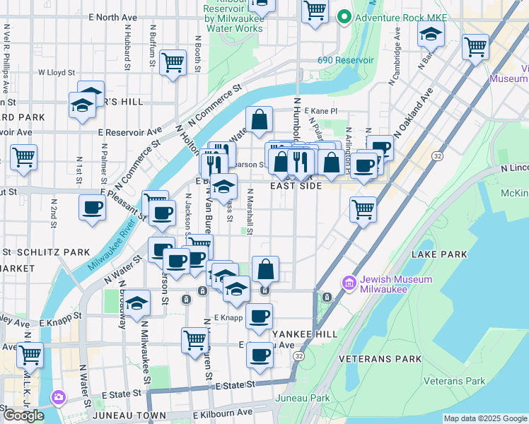 map of restaurants, bars, coffee shops, grocery stores, and more near 1641 North Astor Street in Milwaukee