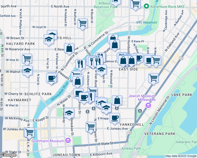 map of restaurants, bars, coffee shops, grocery stores, and more near 1636 North Van Buren Street in Milwaukee