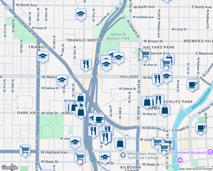 map of restaurants, bars, coffee shops, grocery stores, and more near 1604 North 10th Street in Milwaukee