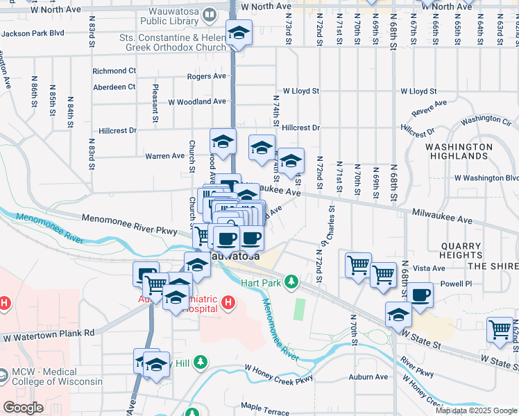 map of restaurants, bars, coffee shops, grocery stores, and more near 7517 Lincoln Place in Wauwatosa