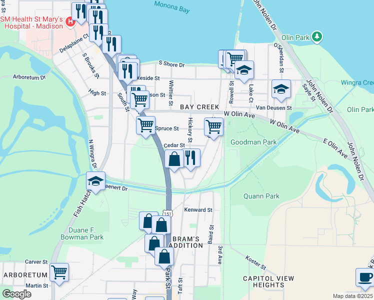 map of restaurants, bars, coffee shops, grocery stores, and more near 605 Cedar Street in Madison