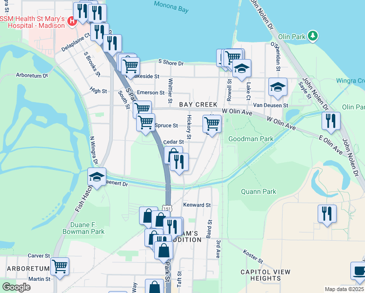 map of restaurants, bars, coffee shops, grocery stores, and more near 605 Cedar Street in Madison
