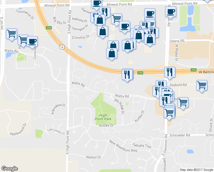 map of restaurants, bars, coffee shops, grocery stores, and more near 7426 Timber Lake Trail in Madison