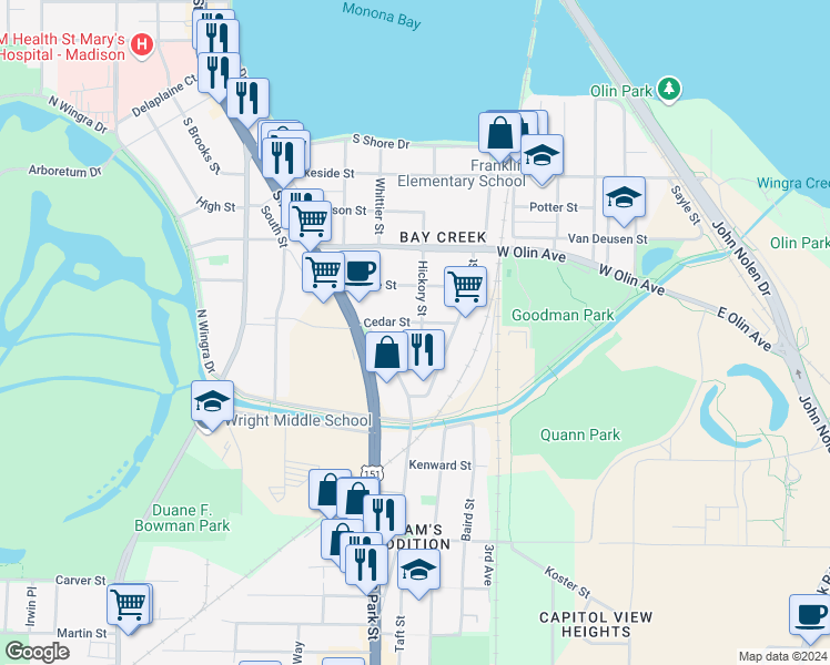 map of restaurants, bars, coffee shops, grocery stores, and more near 605 Cedar Street in Madison