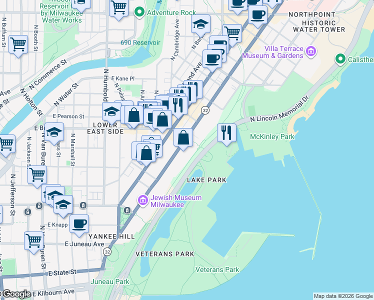 map of restaurants, bars, coffee shops, grocery stores, and more near 1660 North Prospect Avenue in Milwaukee