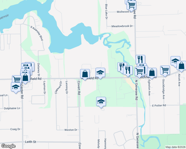 map of restaurants, bars, coffee shops, grocery stores, and more near 4444 Sugar Maple Run in Flint
