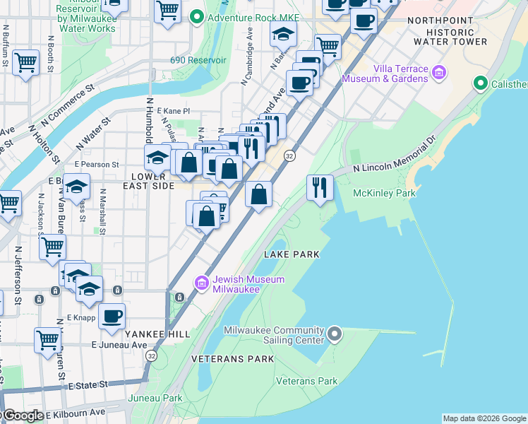 map of restaurants, bars, coffee shops, grocery stores, and more near 1660 North Prospect Avenue in Milwaukee
