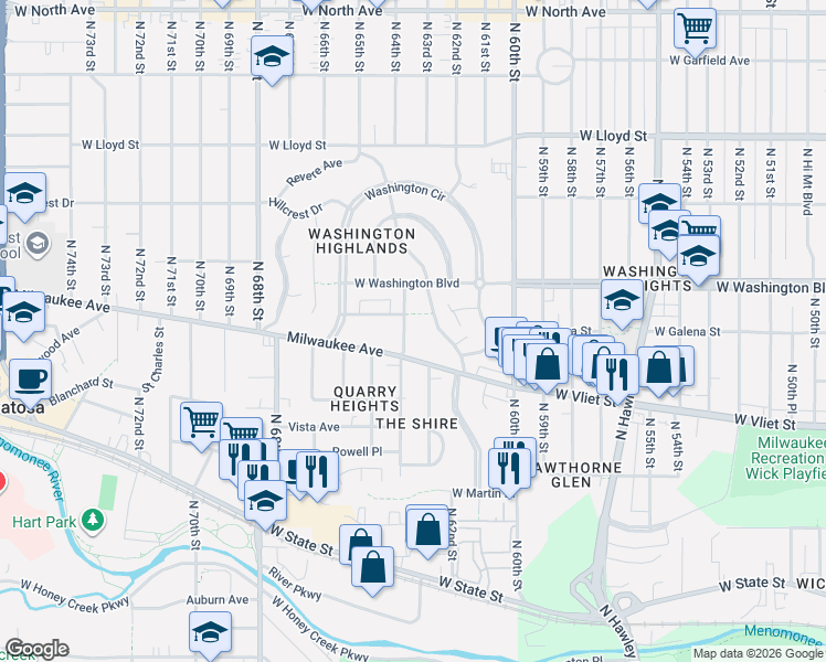 map of restaurants, bars, coffee shops, grocery stores, and more near 1524 South Upper Parkway in Wauwatosa