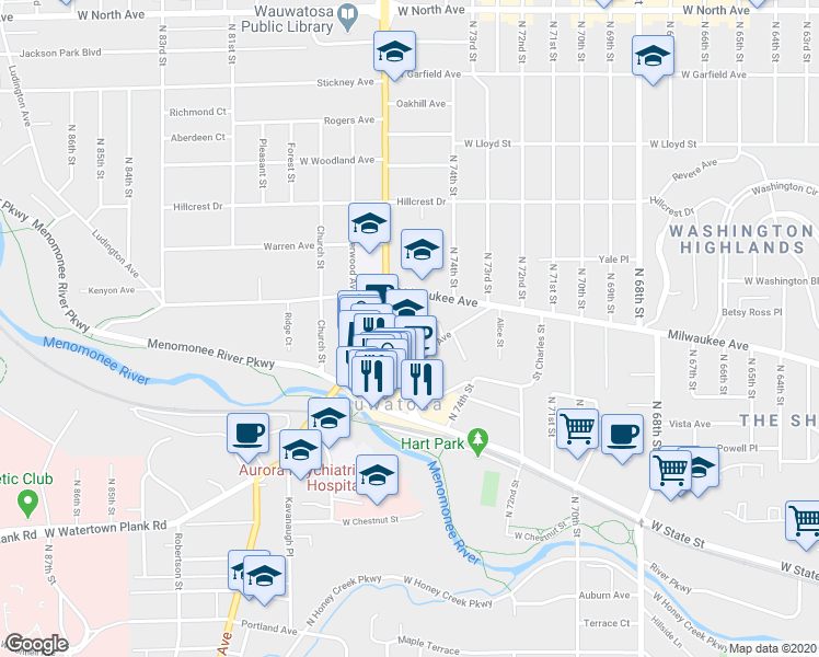 map of restaurants, bars, coffee shops, grocery stores, and more near 7517 Lincoln Place in Wauwatosa