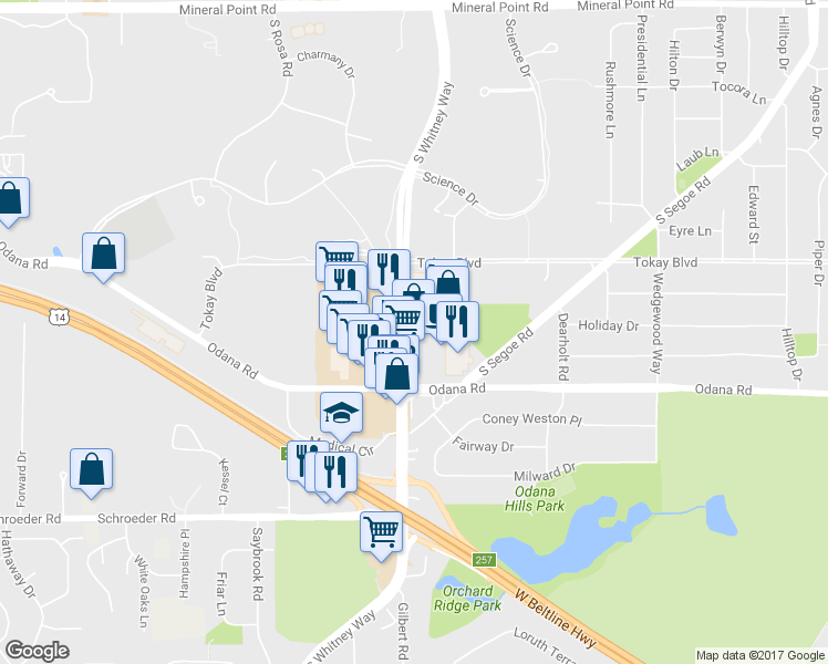 map of restaurants, bars, coffee shops, grocery stores, and more near 418 Westgate Mall in Madison