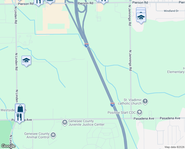 map of restaurants, bars, coffee shops, grocery stores, and more near 3192 O'Leary Road in Flint