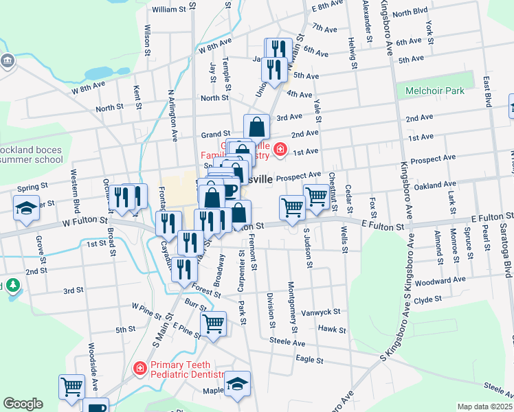map of restaurants, bars, coffee shops, grocery stores, and more near 23 Fremont Street in Gloversville