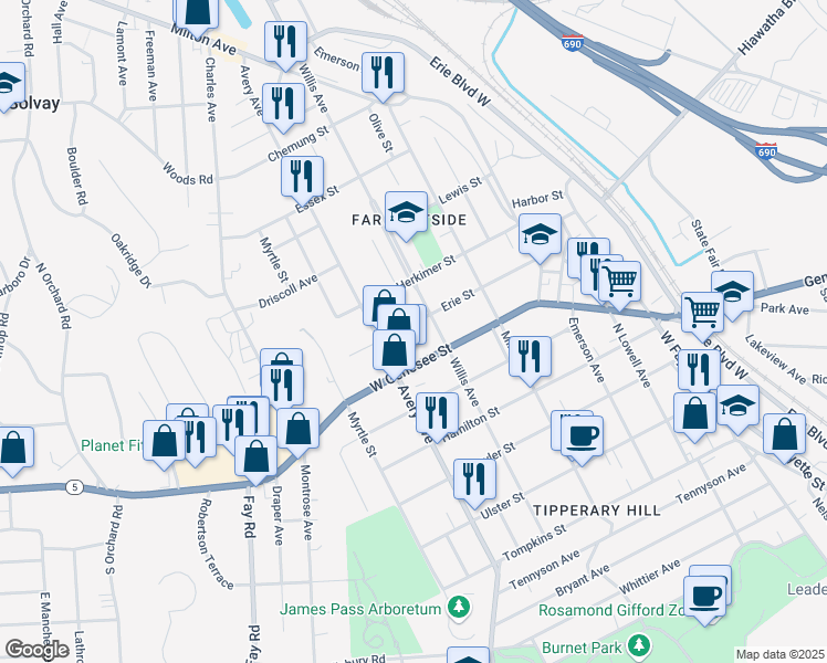 map of restaurants, bars, coffee shops, grocery stores, and more near 307 Erie Street in Syracuse