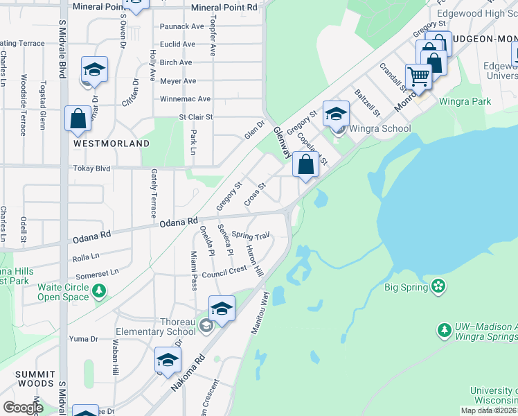 map of restaurants, bars, coffee shops, grocery stores, and more near 3630 Odana Road in Madison