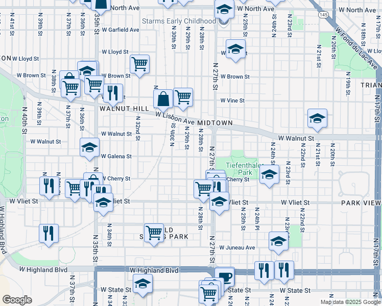 map of restaurants, bars, coffee shops, grocery stores, and more near 2828 West Galena Street in Milwaukee
