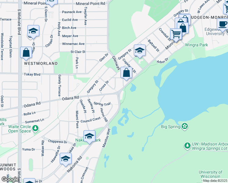 map of restaurants, bars, coffee shops, grocery stores, and more near 3602 Odana Road in Madison