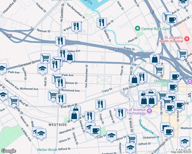 map of restaurants, bars, coffee shops, grocery stores, and more near 501 Park Avenue in Syracuse