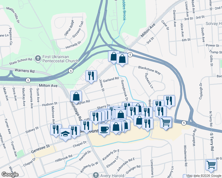 map of restaurants, bars, coffee shops, grocery stores, and more near 317 Myron Road in Syracuse