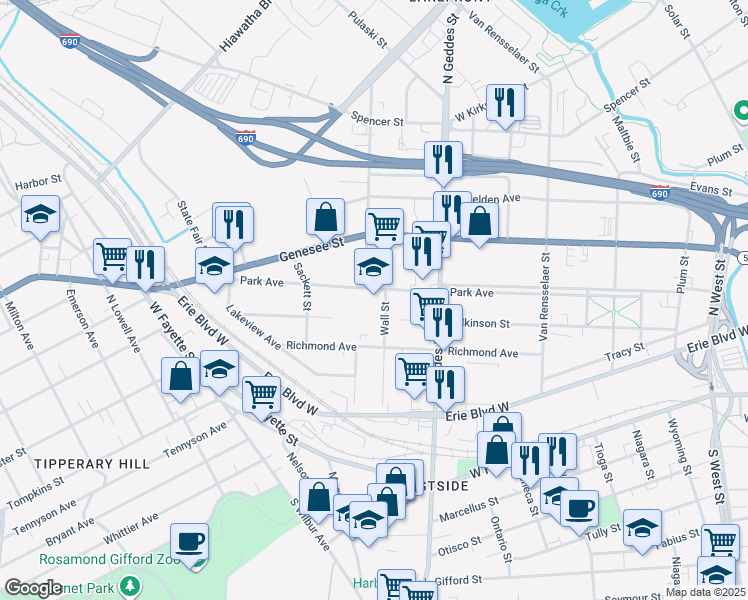 map of restaurants, bars, coffee shops, grocery stores, and more near 741 Park Avenue in Syracuse