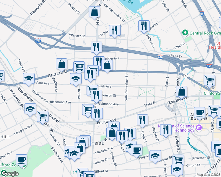 map of restaurants, bars, coffee shops, grocery stores, and more near 623 Park Avenue in Syracuse