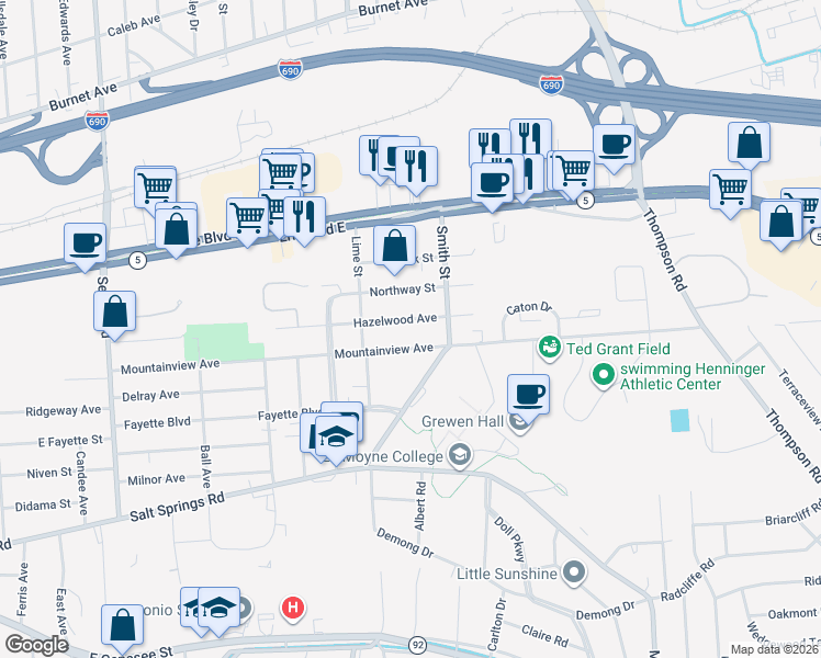 map of restaurants, bars, coffee shops, grocery stores, and more near 703 Mountainview Avenue in Syracuse