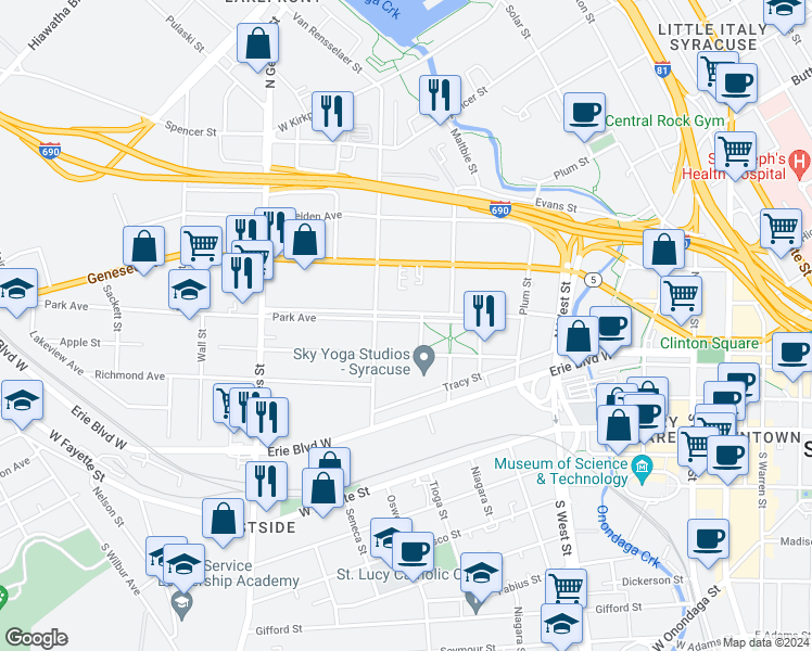 map of restaurants, bars, coffee shops, grocery stores, and more near 535-37 Park Avenue in Syracuse