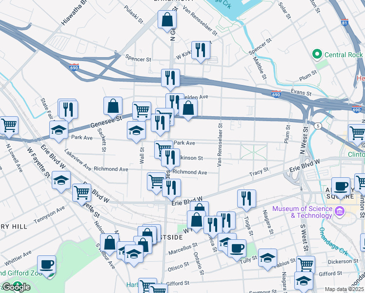 map of restaurants, bars, coffee shops, grocery stores, and more near 306 North Geddes Street in Syracuse