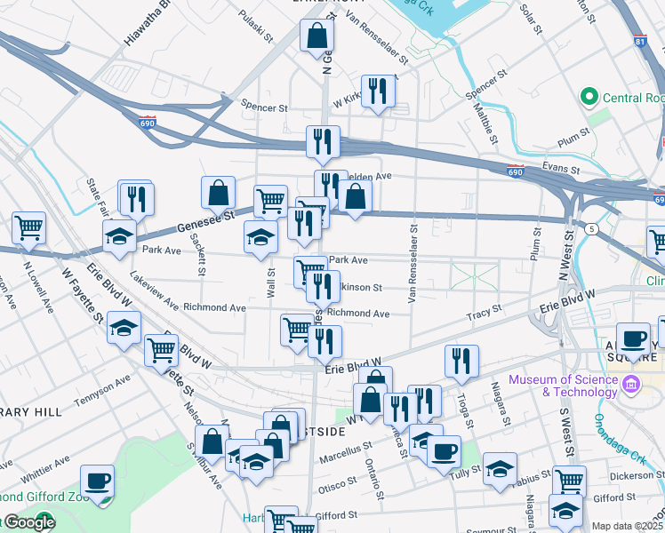 map of restaurants, bars, coffee shops, grocery stores, and more near 306 North Geddes Street in Syracuse