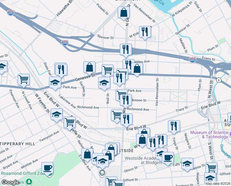 map of restaurants, bars, coffee shops, grocery stores, and more near 707 Park Avenue in Syracuse