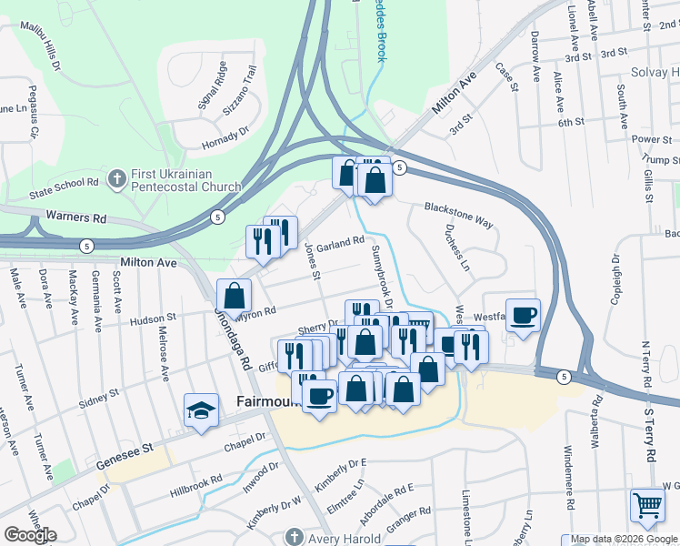 map of restaurants, bars, coffee shops, grocery stores, and more near 317 Myron Road in Syracuse