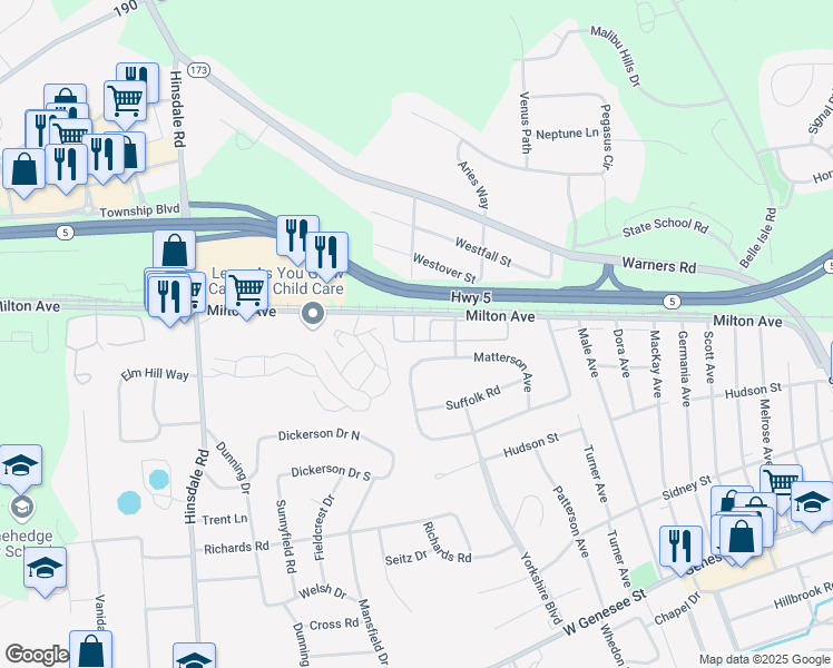 map of restaurants, bars, coffee shops, grocery stores, and more near 5001-5029 Oak Crest Courtyard in Syracuse