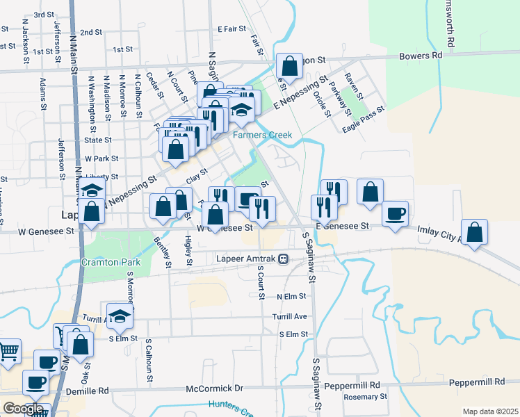 map of restaurants, bars, coffee shops, grocery stores, and more near 43 Pine Street in Lapeer
